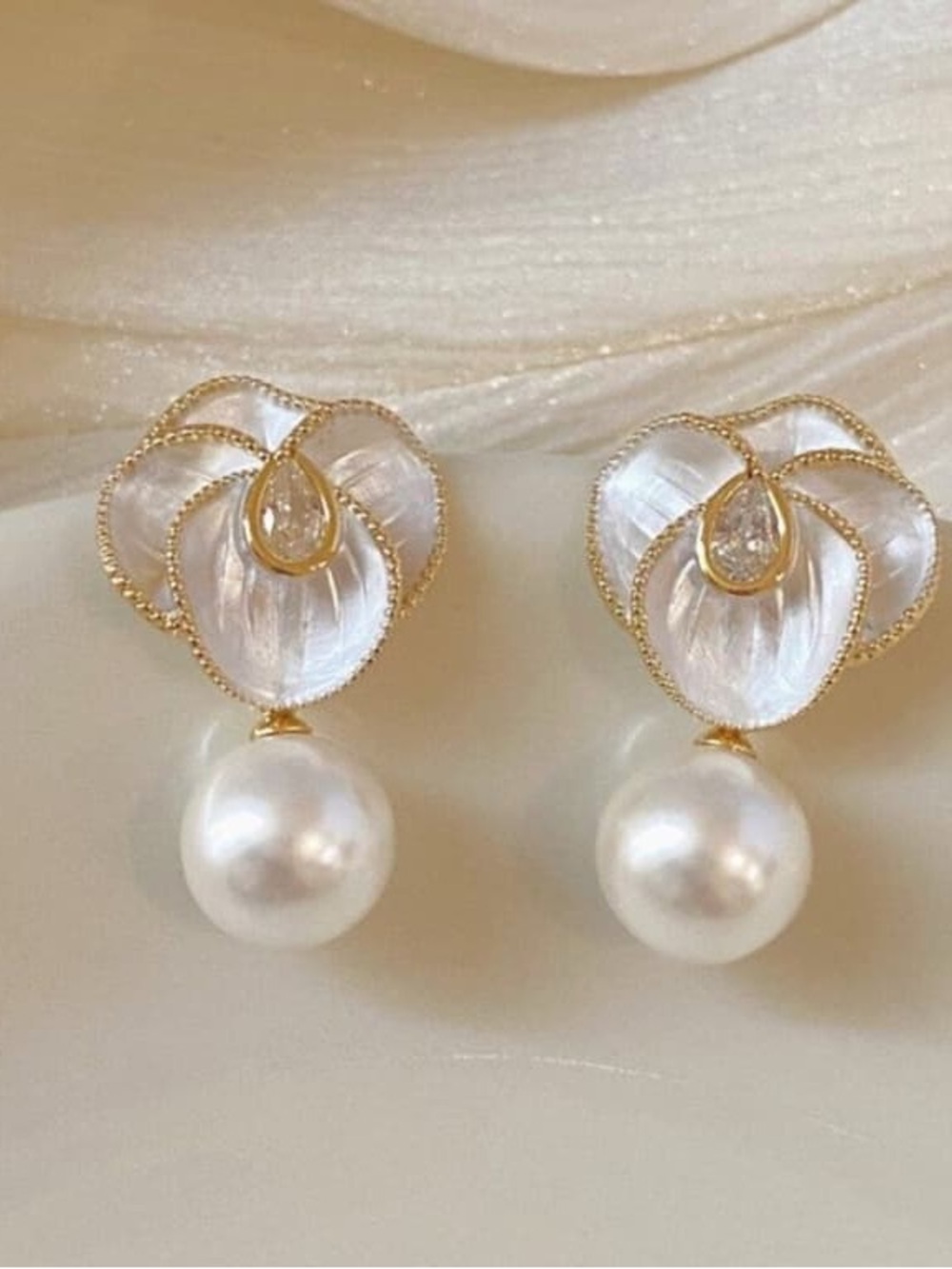 Gold and Pearl Flower Drop Earrings - White Pearl Accent